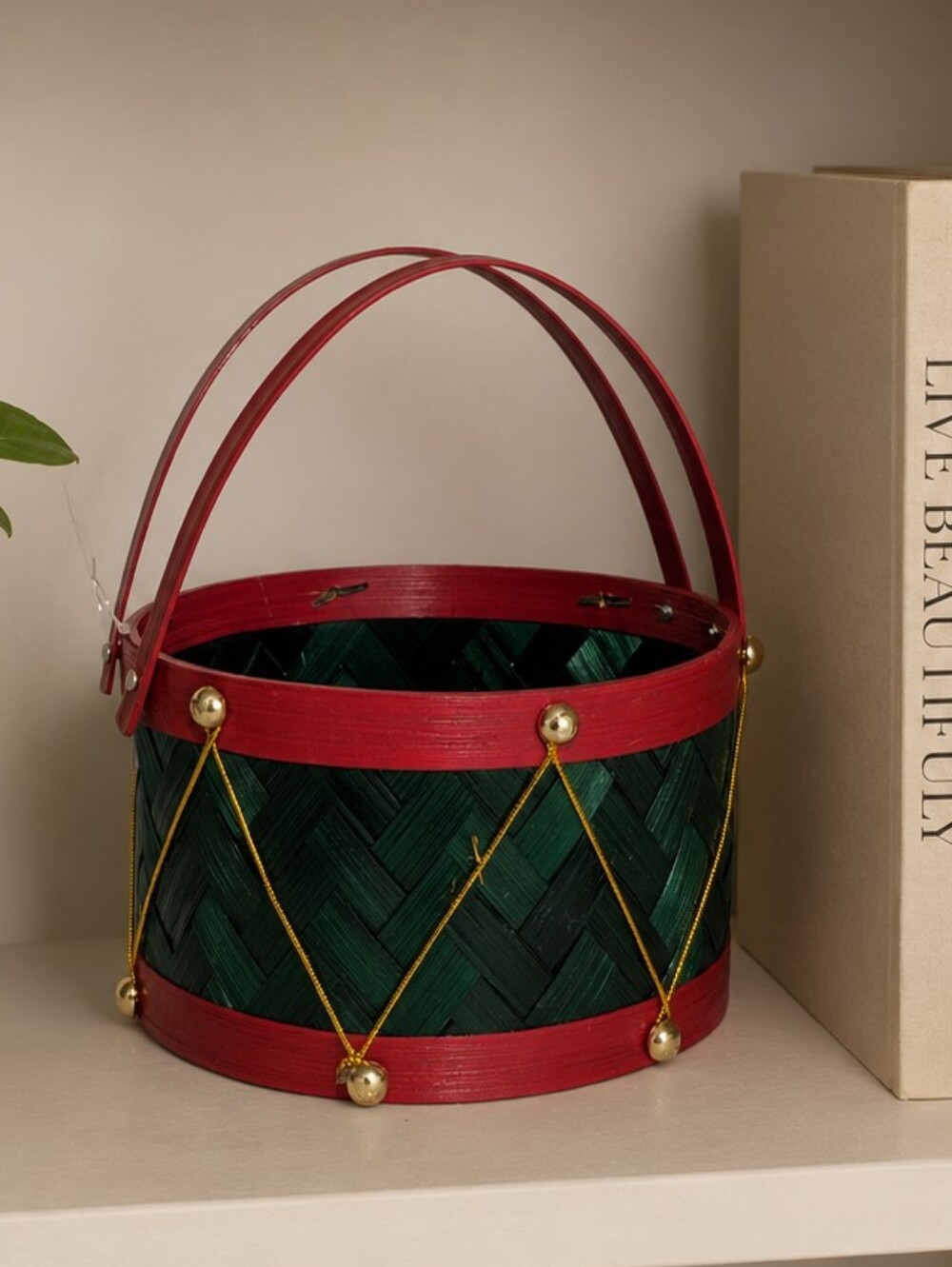 Vintage Christmas Woven Basket Bucket Decor Red Green Gold